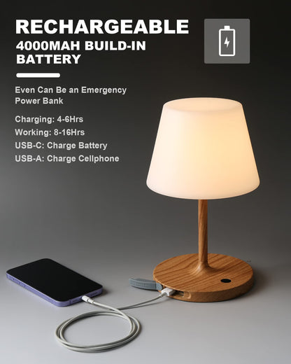 WEILAILUX Outdoor Battery Operated Table Lamp Waterproof, 4000mAh Cordless Table Lamp Rechargeable, Touch Dimmable Desk Lamp, LED Night Light for Patio Camping Restaurant Home (Wood Grain, 9.6in)