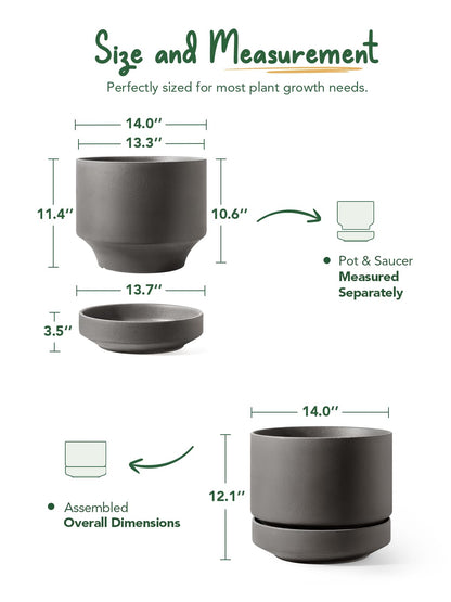 LE TAUCI 14 Inch Large Plant Pot with Saucer, Ceramic Outdoor & Indoor Big Planter with Drainage Hole, Mesh Pad Included, Unglazed Porous, Modern for Home and Patio, Charcoal Gray