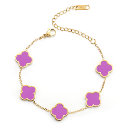 AIPPK 18K Gold Plated Clover Lucky Bracelet for Women White/Black/Red/Green Flower Four Leaf Link Bracelets Trendy Jewelry Gifts for Women (Purple)
