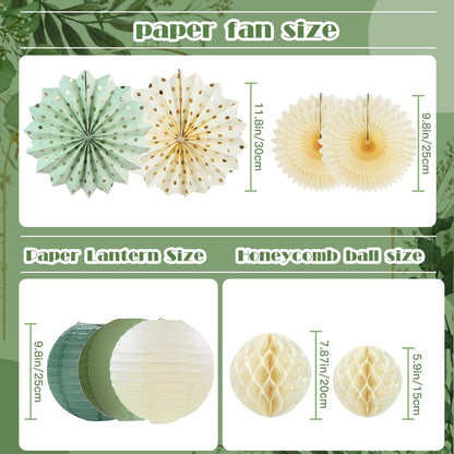 Boho Paper Decorations Set, Sage Green Party Decorations Set, Boho Neutral Baby Shower Decor, Paper Pom Poms Lanterns Honeycomb Balls Hanging Star Garland for Birthday Baby Shower Wedding Tea Party