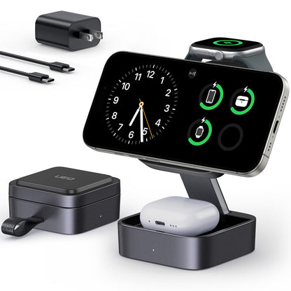 UEQ 3 in 1 Wireless Charging Station for Apple Devices,Compatible with MagSafe Charger Stand,Foldable Fast Travel Magnetic Wireless Charger for iPhone 17 Air 16 15 14 13 12,Apple Watch&AirPods Pro