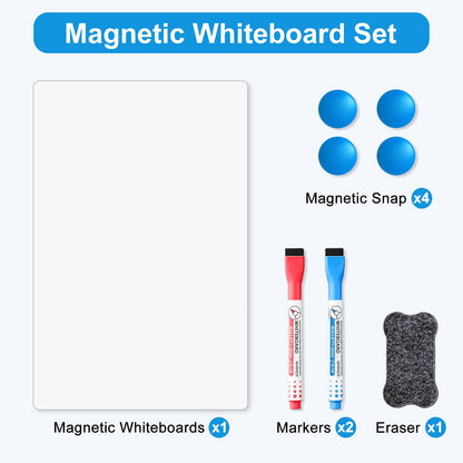 Magnetic Whiteboard for Fridge, 17" x 11" Dry Erase Board Set with Markers & Eraser, Strong Magnet & Stain-Resistant Surface, Fridge Calendar for Notes, Grocery List, Meal Planning & Family Schedule