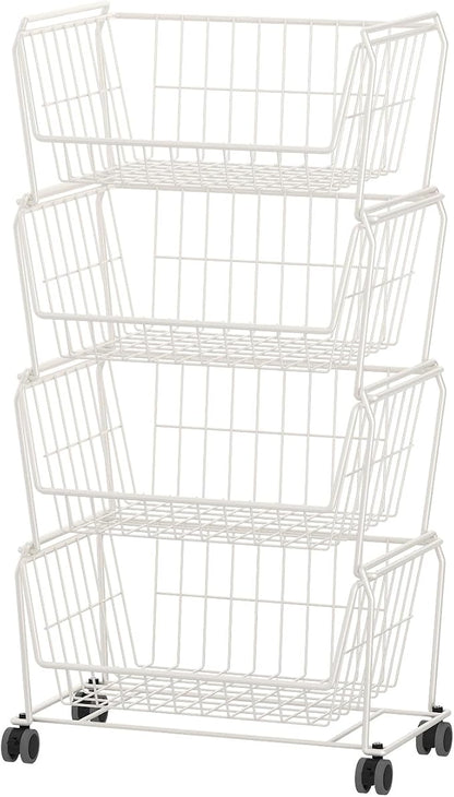 PUSDON 4-Tier Spacious Stackable Wire Storage Baskets with Wheels, Metal Rolling Utility Cart, Produce Basket for Pantry, Bathroom Organizer Shelf, Classic White