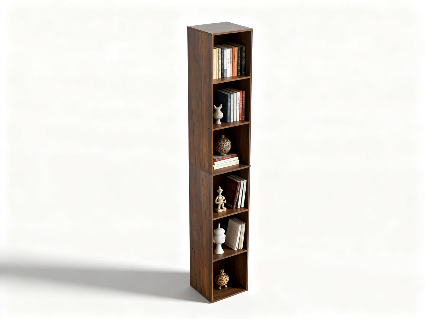 NewBeth 6 Cube Storage Organizer, Narrow Open Shelf Bookcase, Freestanding 6 Tier Low Display Bookshelf for Home Office, Living Room, Bedroom, Dark Brown & Black Walnut