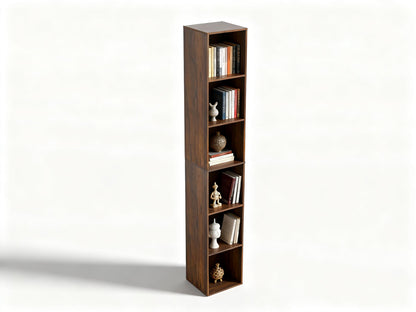 NewBeth 6 Cube Storage Organizer, Narrow Open Shelf Bookcase, Freestanding 6 Tier Low Display Bookshelf for Home Office, Living Room, Bedroom, Dark Brown & Black Walnut