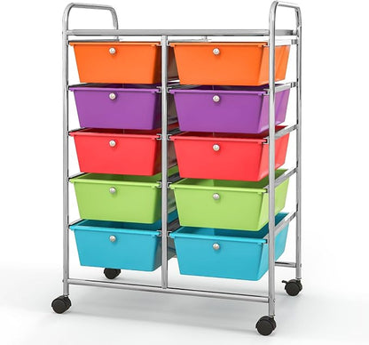 Giantex 10 Drawers Rolling Cart, Classroom Organizers, Storage Cart with Wheels, for Teacher Office Home School Supplies Tool Craft Art Paper, Rainbow Color