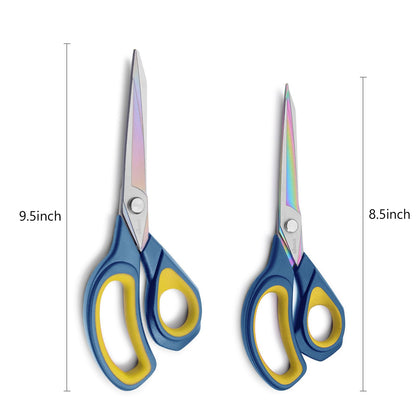 LIVINGO 2 Pack Sharp Fabric Scissors - Heavy Duty Scissors All Purpose, Titanium Coated Forged Sewing Shears for Tailor Dressmaking Crafting Cutting Clothes Leather, 8.5" & 9.5", Blue & Yellow