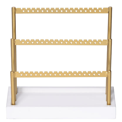 SANY DAYO HOME 3-Tier Earring Holder Organizer Stand, 105 Holes Gold Metal Earring Rack Jewelry Display Tree with White Wood Tray for Women and Girls