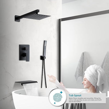 Matte Black Shower Faucet 12 Inch Set with Tub Spout, Shower Head and Handle with 2 Hooks Rain System Square Wall Mount for Bathroom