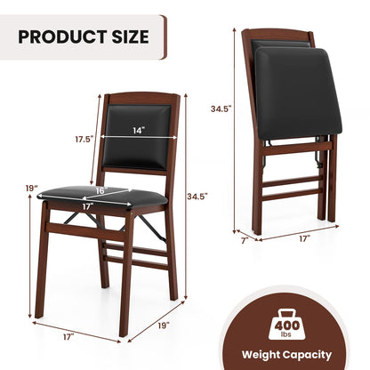 COSTWAY Folding Dining Chairs Set of 2, Wooden Kitchen Side Chairs w/Padded Seat, Solid Wood Frame, 400 LBS Load Bearing, No Assembly Needed, Vintage Foldable Chairs for Dining Room, Living Room