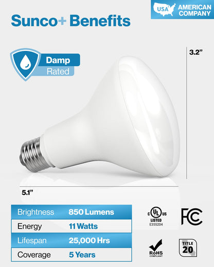 Sunco 6 Pack BR30 Light Bulb LED Recessed Can Light Bulbs, Indoor Flood Lights 850 LM, 11W (65W Equivalent), 3000K Warm White, Dimmable, E26 Base, for Home, Kitchen, Bedroom UL