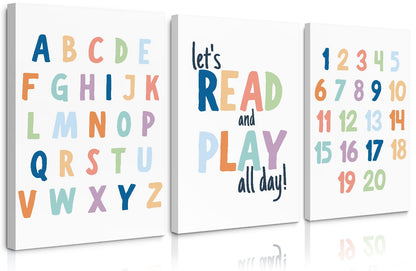 Kids Playroom Wall Art Decor Alphabet Poster Play Room Canvas Wall Decor ABC Nursery Wall Art 123 Toddler Poster Let's Read for Boy Girl Room 12x16 Inch Framed Set of 3