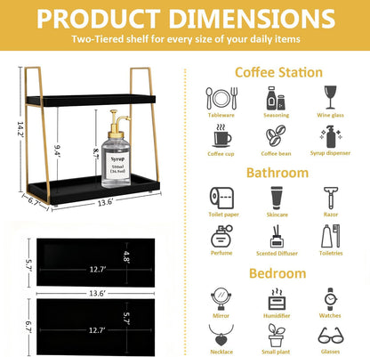 2087 Coffee Bar Accessories, Black Gold Coffee Station Organizer for Countertop Decor, 2 Tier Large Wooden CoffeeBar Shelf for Office, Breakroom, Bathroom