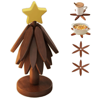 Trivets for Hot Dishes, Upgraded Foldable Wooden Coaster Set Walnut Wood Christmas Tree Trivet Stand Home Decoration for Hot Pots Bowl and Pan (4 Trivets)