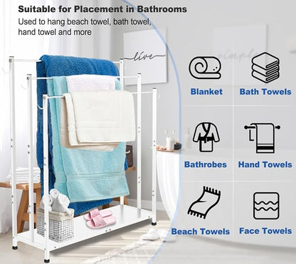 Extra Large Free Standing Towel Rack with Metal Storage Shelf & 6 Hooks for Bathroom, 3 Tiers Heavy Duty Blanket Drying Stand Holder for Outdoor Pool, Bedroom, Living Room, White