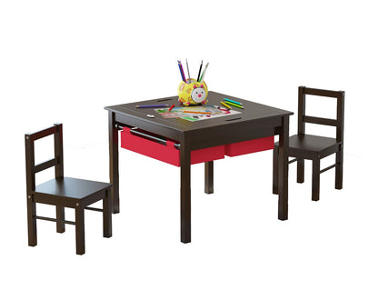 UTEX Wooden 2 in 1 Kids Construction Play Table and 2 Chairs Set with Storage Drawers, and Built in Plate Compatible with Lego and Duplo Bricks(Espresso with Red Drawers)