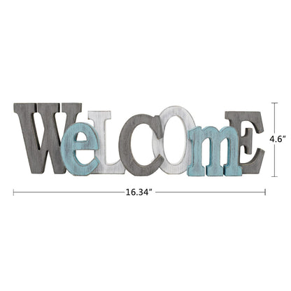 Linfevisi Wooden Welcome Sign Aqua Hanging Block Letters Sign Rustic Freestanding Wood Word Decor Decorative Welcome Table Sign Cutout Word Art Wall Decor (Welcome)