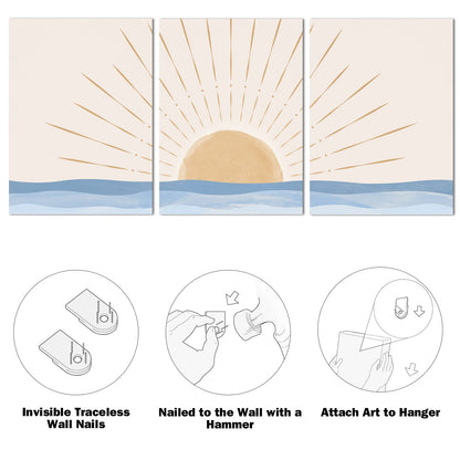 Boho Wall Art Set of 3, Neutral Geometric Sun Rising on the Sea Minimalist Art Framed Canvas Prints Artwork, Mid Century Modern Boho Sun Wall Art Decor for Bathroom, Bedroom, Living Room, Office