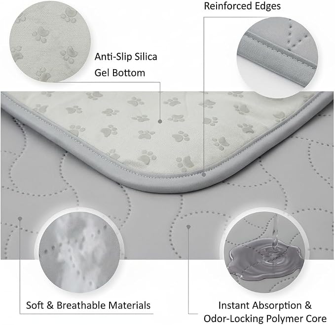 Gentle Purr Washable Pee Pads for Dogs 18" x 24", 2 Pack Reusable Puppy Training Pads, Soft Oeko-TEX Certified Polyester Top, Absorbent Non-Slip Crate Liners for Puppies and Small Dogs, Gray