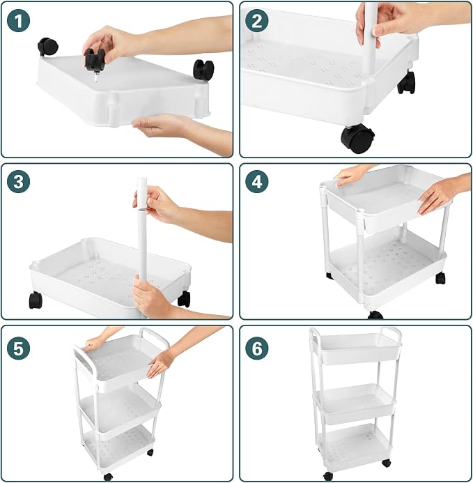 EZ COZY 3 Tier Rolling Cart, Plastic Diaper Cart Organizer with Wheels, Roller Cart for Diapers, Baby Nursery, Kitchen, Bathroom, Living Room and Bedside, White