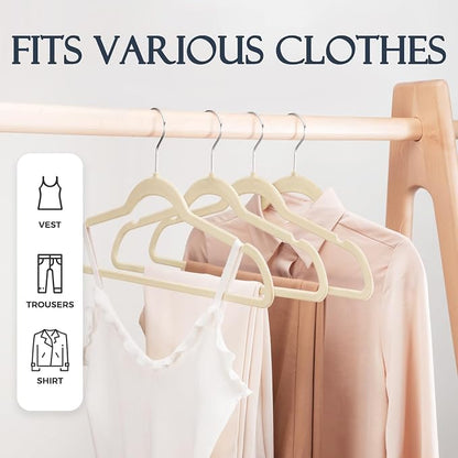HOUSE DAY Beige Velvet Hangers 20 Pack, Non Slip Clothes Felt Hanger Heavy Duty for Coat, Premium Slim Space Saving Suit Hangers for Closet Organizer, 360° Rotating Silver Hook