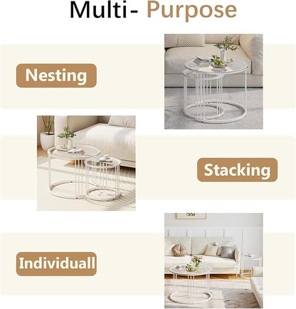 Garden 4 you Nesting Coffee Table, 23.6" Round Coffee Table Set of 2, Glass Nesting Table with Metal Frame, Ceter Tables for Living Room Bedroom Balcony, White