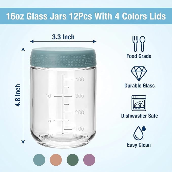 16 oz Glass Jars with Lids,12 Pack Overnight Oats Containers with lids,Small Glass Containers with Lids for Homemade Jams, Sauces, Food Jar for Smoothies, Yogurt,Spice,Desserts, and even DIY Crafts