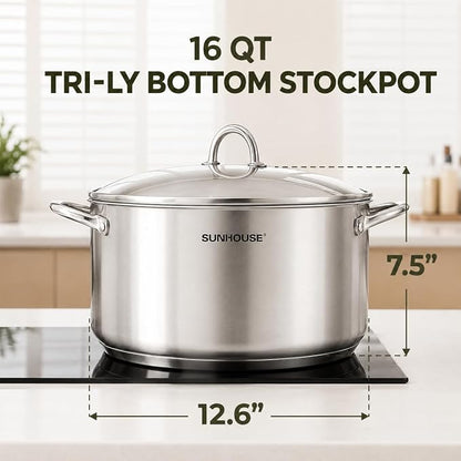 Sunhouse Stock Pot with Lid - 16 QT Large Pot for Cooking Pasta, Soup, Spaghetti - Impact Bonding Base Big Stainless Steel Pots for Canning, Boiling - Oven Safe & Induction Compatible Cookware