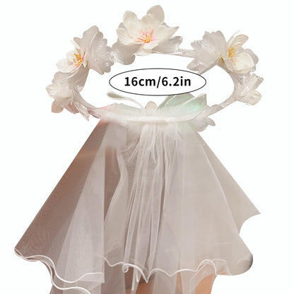 yuruyi Artificial Flower Crown Headband for Women Girls – Boho Floral Wreath Halo for Weddings, Photoshoots, Festivals, Birthdays, and Costume Parties (White Peach Blossom, Adjustable)