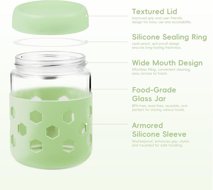 MICEBAY 16oz Overnight Oats Containers with Silicone Sleeves, 4-Pack Wide Mouth Glass Mason Salad Jars with Airtight Lids, BPA-Free Dishwasher Safe Leak-Proof Chia Seed Pudding Jar Meal Prep Container