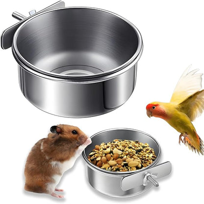 Parrot Feeding Cups Stainless Steel Bird Cage Feeder & Water Bowl - Chew-Proof Food Bowls with Clamp Holder for Parrot, Cockatiel, Conure, Budgie, Macaw, and Small Animals (M - 1Pc)