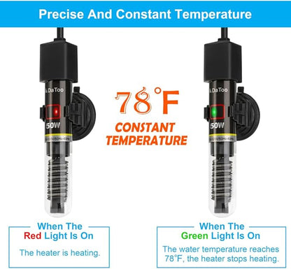 DaToo Mini Aquarium Heater 50W Small Fish Tank Heater 50 Watt with Free Thermometer Sticker