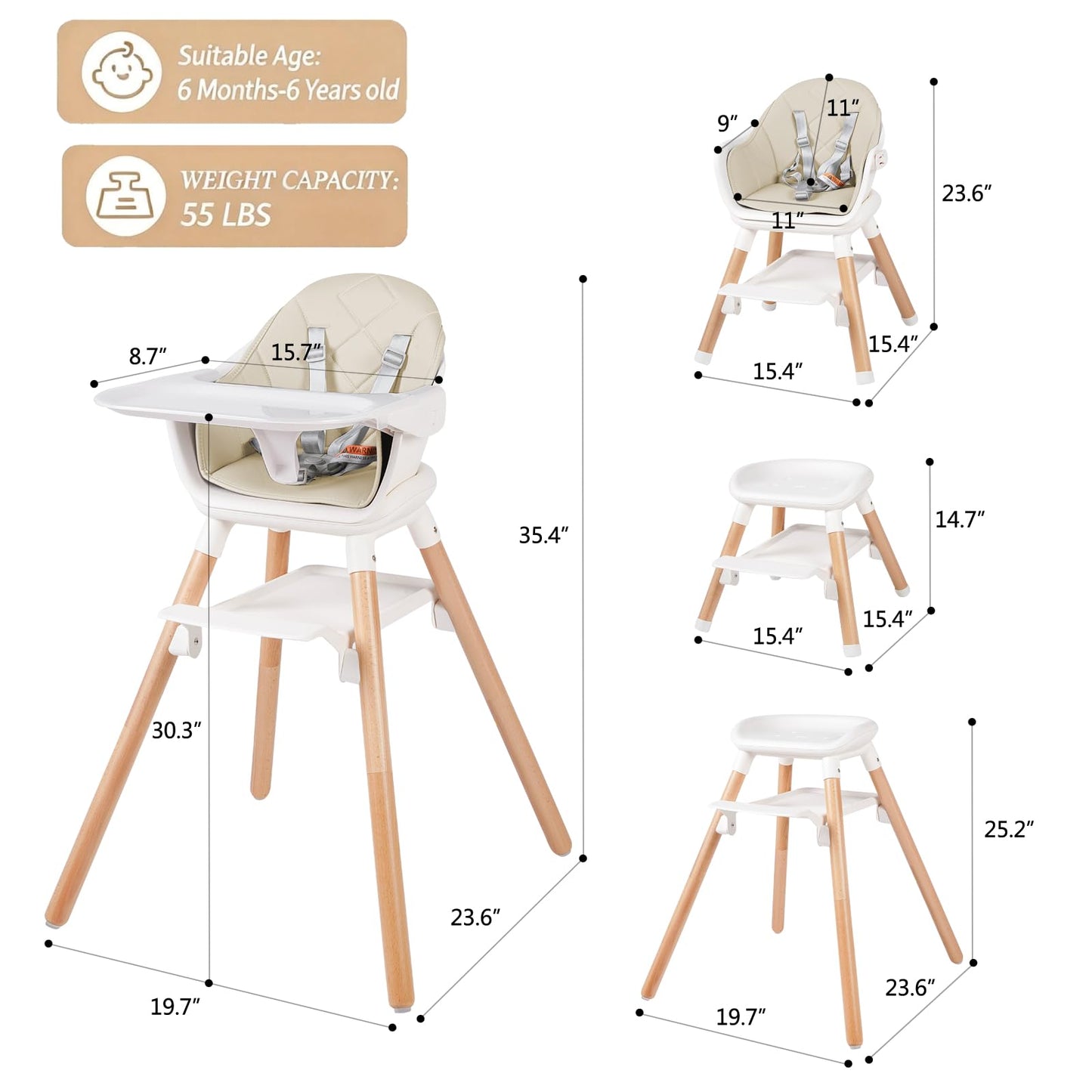 6 in 1 Baby High Chair, Convertible Wooden High Chairs/Booster Seat for Babies and Toddlers, Baby Feeding Chair with 5-Point Harness/Double Removable Tray & Adjustable Footrest (Beige)
