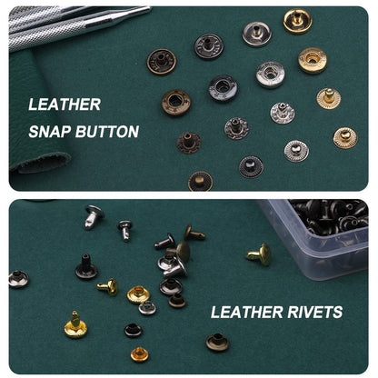 Yizzvb 320 Pcs Leather Rivets Kit, 60 Pcs Leather Snap Fasteners, 2 Size Double Cap Rivets Tubular, Double-Sided Nylon Hammer Fixing Tool Kit, Installation Tools for DIY Projects, Shoes and Repair