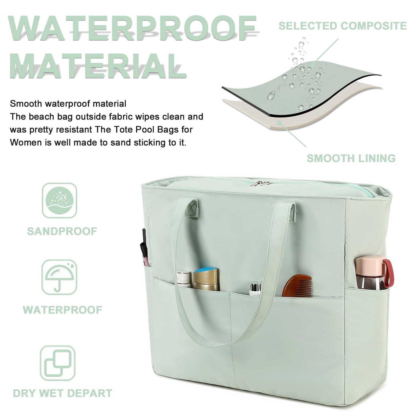 Waterproof Beach Tote Pool Bags for Women Ladies Extra Large Gym Tote Carry On Bag With Wet Compartment for Weekender Travel (Light green)
