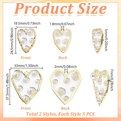 AHANDMAKER 10 Pcs 2 Styles Gold Filled Clear Enamel Heart Pearl Charms Light Gold Edge Plated Pendants Faux Pearl Love Embellishments for Jewellery Making Necklace Bracelet DIY Crafts