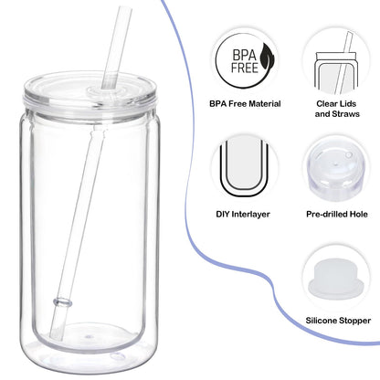 Tswofia 8 Pack Snow Globe Tumbler, 16 Oz Double Wall Plastic Can with Lid and Straw, Mason Jar Mug for Snow Globe Glitter DIY Gift (Clear)