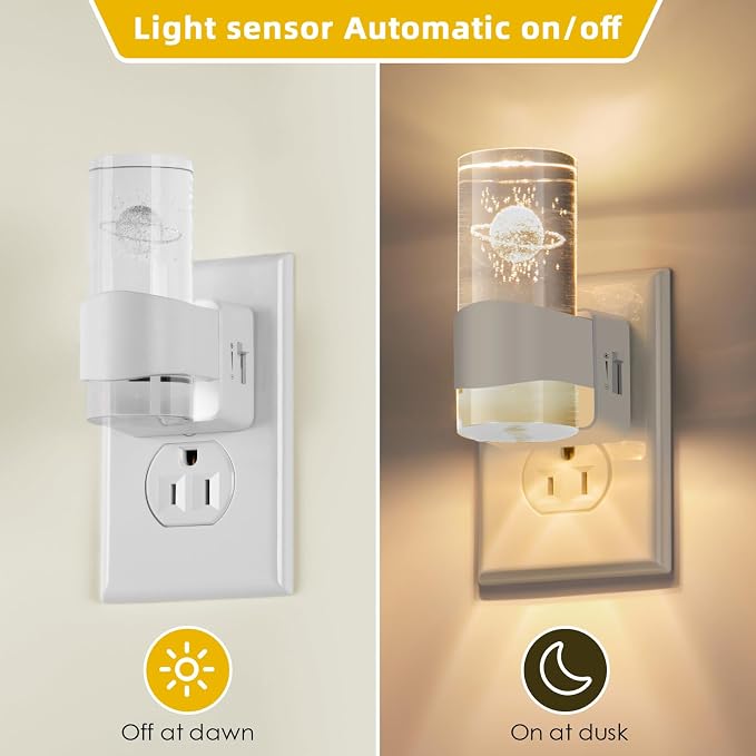 LED Night Light 2 Pack, Dimmable, Dusk to Dawn Sensor, 0-100 LM Adjustable Brightness, 3000K, Wall Mounted, Starry Sky Pattern Etched Within，Applies to Bedroom, Hallway, Plug in Night Light