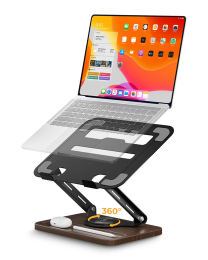 SupeDesk Adjustable Laptop Stand with 360° Rotating Base, Ergonomic Laptop Riser for Desk, Ventilated Notebook Stand with Storage Tray, Wood Base & Silicone Pads for Laptops, Tablets & Books