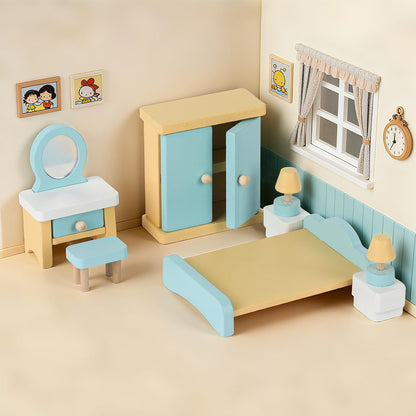 Peccvon 35PCS Wooden Dollhouse Furniture Set with Dolls for 5 Rooms Kits, Doll House Accessories Furniture Toys for Toddlers, Pretend Play Toys Christmas Birthday Gift for Girls and Boys, 3+