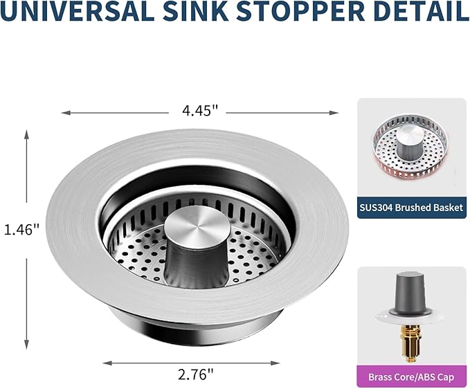 2 Pack – 3-in-1 Kitchen Sink Drain Strainer Stopper, 304 Stainless Steel Pop Up