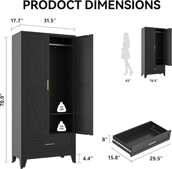 COFaR Modern Black Metal Wardrobe Closet, 71" Tall Steel Armoire with Drawer, Hanging Rod & Adjustable Shelf, 2-Door Freestanding Storage Cabinet for Bedroom, Closet Organization (Black)