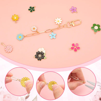 Tondiamo 266 Pieces Flower DIY Gold Keychain Making Kit Floral Daisy Bag Charm Jewelry Making Sunflower Ornaments Bulk for Key Ring Art Adults Women Bag Gift