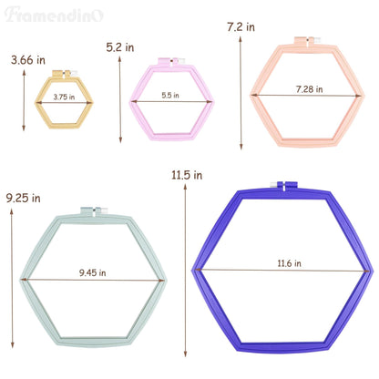 Framendino, 5 Pack Embroidery Hoop 5 Sizes Hexagonal Plastic Cross Stitch Hoops and Frames for Embroidery Craft Sewing