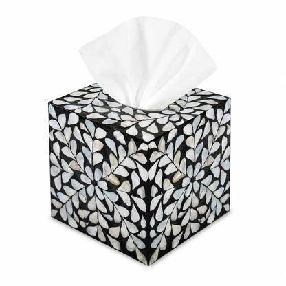 PEMAR Decorative Tissue Box Cover, 5.5” Cube Wooden Tissue Holder with Mother of Pearl Inlay, Farmhouse Rustic Napkin Dispenser for Bathroom, Living Room, Kitchen, Office (White Vines (Standard 5.5")