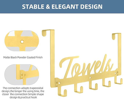 Azmoncy 2 Pack Over The Door Hooks, Towel Rack for Bathroom Towel Holder for Hanging Heavy Duty, Wall Mount Towel Hanger with 10 Hooks for Bedroom Bathroom Kitchen Towels, Bag, Coats(Gold)