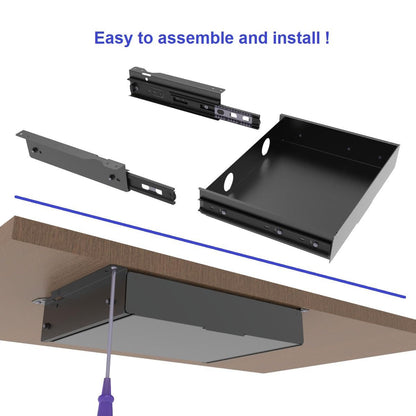 Mofangtech Under Desk Mounted Slide out Drawer, W 13.4" x D 9.3" Storage Organizer with Cable Management，Pull Out Add-On Storage for Office & Standing Desks with High Crossbar, Metal, Black (Medium)