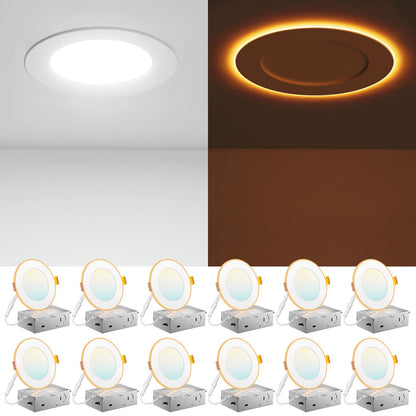 Amico 12 Pack 6 Inch 5CCT LED Recessed Ceiling Light with Night Light, 2700K/3000K/3500K/4000K/5000K Selectable Ultra-Thin Lighting, 12W=110W, 1100LM, Dimmable Canless Wafer Downlight ETL&FCC