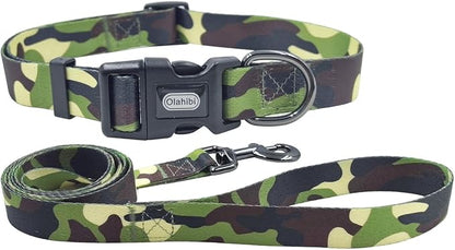 Dog Collar Leash Set, Camouflage Pattern, Polyester Material, Adjustable Collar and 5ft Matching Leash, for Large Dogs.(L, Camo)