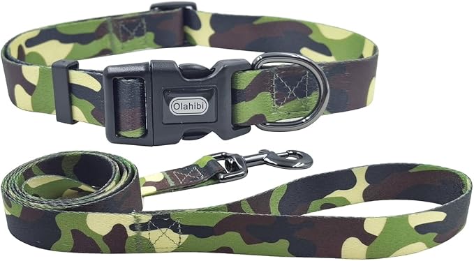 Dog Collar Leash Set, Camouflage Pattern, Polyester Material, Adjustable Collar and 5ft Matching Leash, for Medium Dogs.(M, Camo)